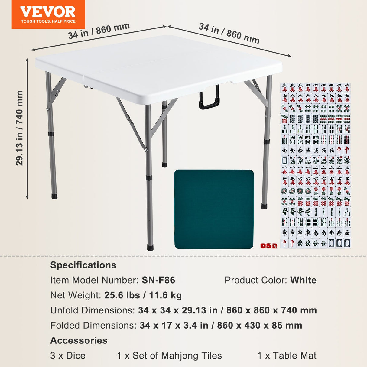 VEVOR Mahjong Table with Mahjong Tiles Set, Fold-in-Half 4 Player Card Table with 144PCS Majiang Tiles and 3 Dice, Portable Bi-Folding Domino Table