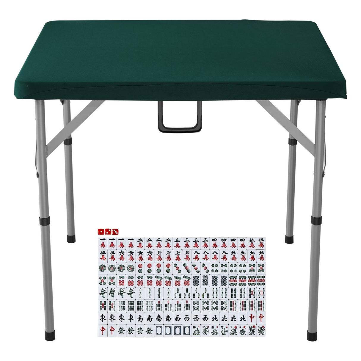 VEVOR Mahjong Table with Mahjong Tiles Set, Fold-in-Half 4 Player Card Table with 144PCS Majiang Tiles and 3 Dice, Portable Bi-Folding Domino Table with Wear-Resistant Green Tabletop & Carrying Handle