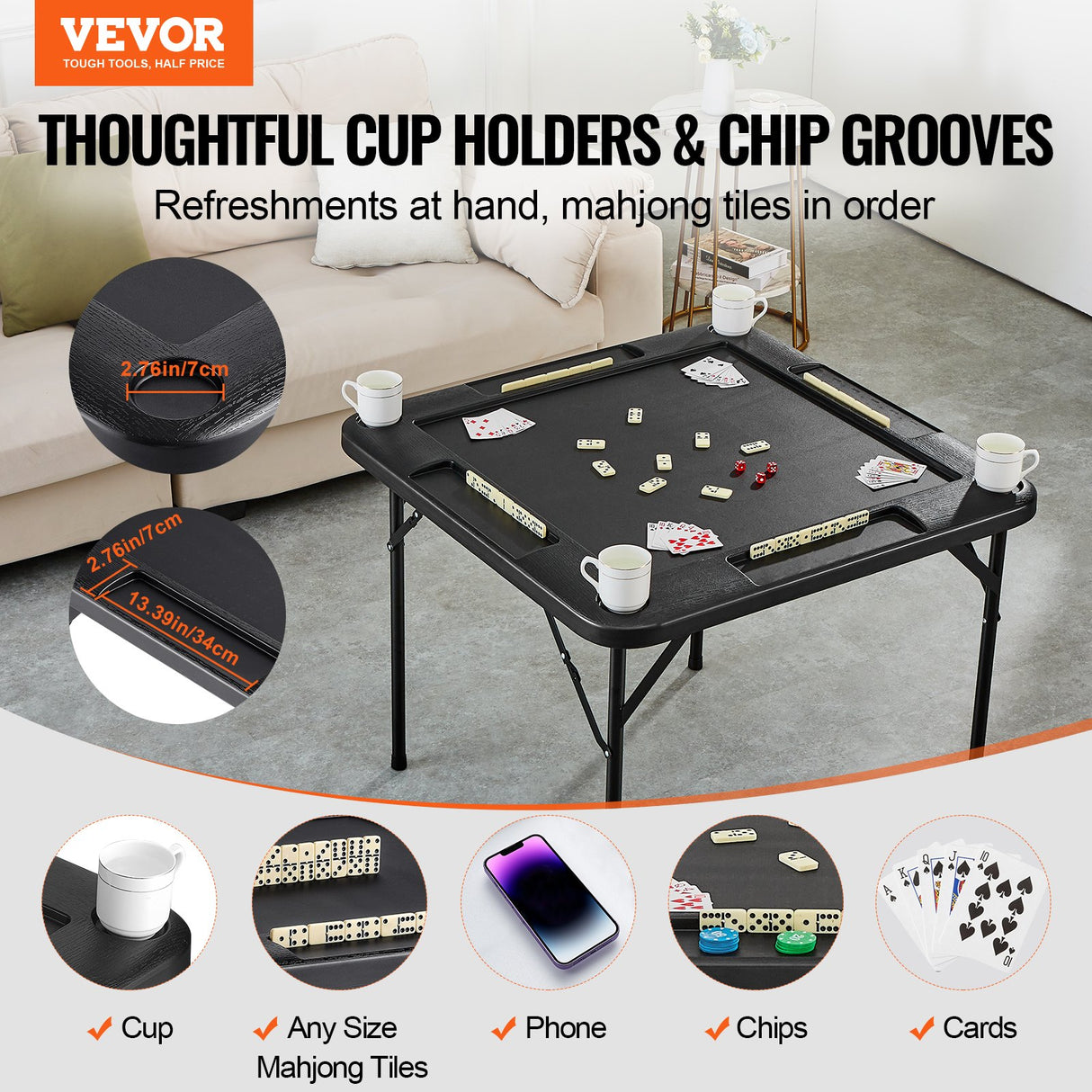 VEVOR Mahjong Table, Square 4 Player Folding Card Table with 4 Cup Holders & 4 Chip Trays, Portable Domino Game Table with 1 Set of Dominoes for