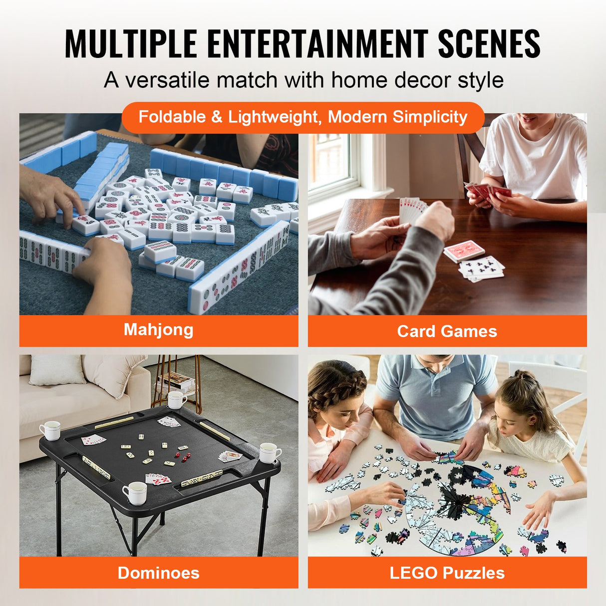 VEVOR Mahjong Table, Square 4 Player Folding Card Table with 4 Cup Holders & 4 Chip Trays, Portable Domino Game Table with 1 Set of Dominoes for