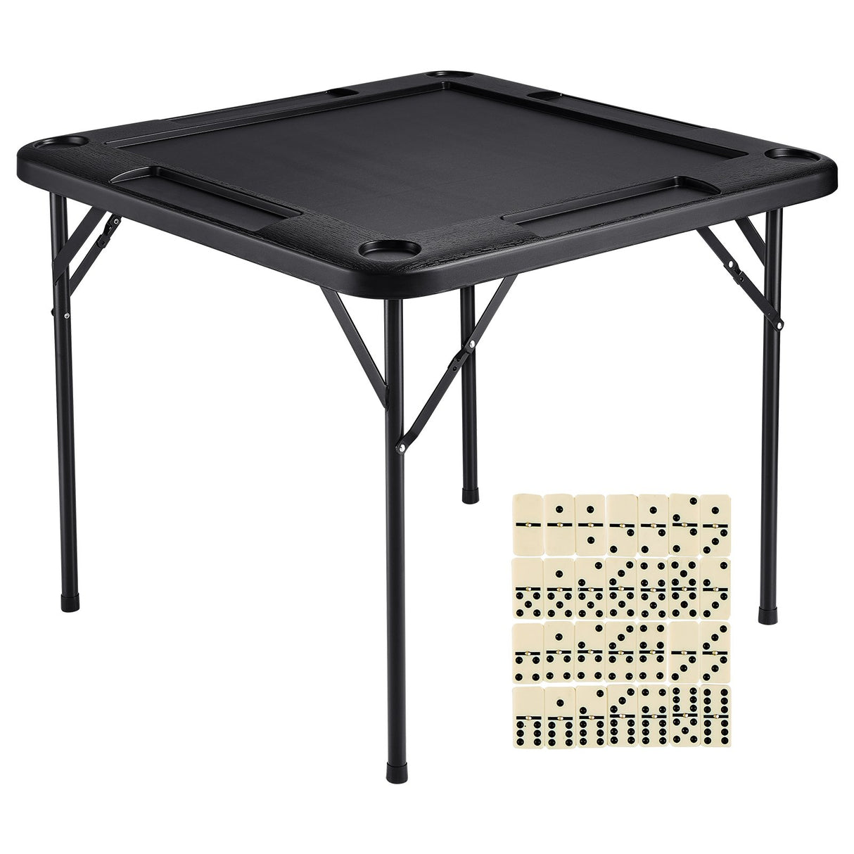 VEVOR Mahjong Table, Square 4 Player Folding Card Table with 4 Cup Holders & 4 Chip Trays, Portable Domino Game Table with 1 Set of Dominoes for