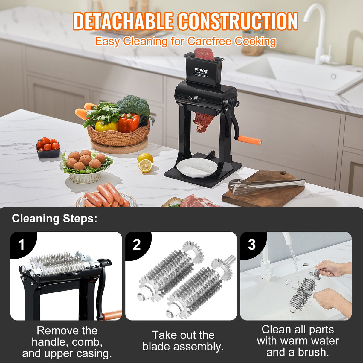 VEVOR Commercial Meat Tenderizer, Heavy Duty Stainless Steel Meat Tenderizer Machine, Quick and Easy Manual Operation Kitchen Tool, 148mm Feed Port for Beef, Turkey, Chicken, Pork, Steak, and Fish