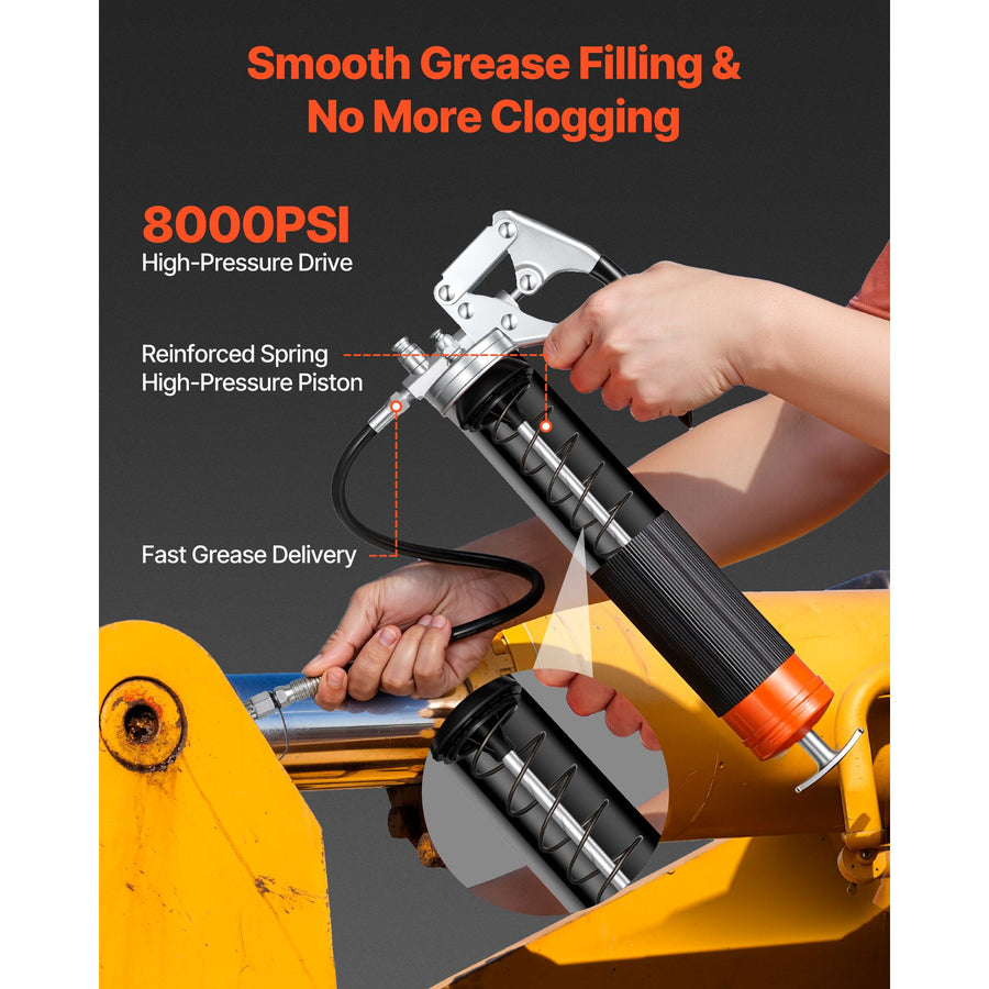 Grease Gun, 8000 PSI, Pistol Grip Grease Gun Kit with 0.4 L Capacity, Includes 46 cm Flex Hose, Double Handle Grease Coupler, Extension Rigid Pipe & Sharp Type Nozzle for Automotive, Marine