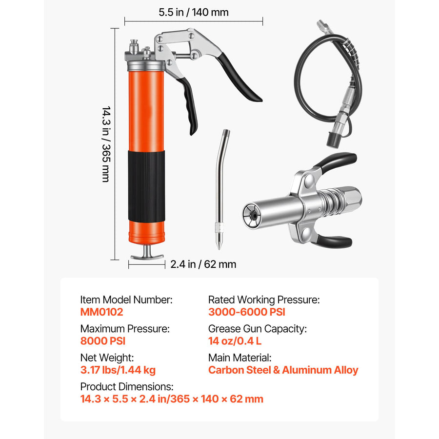 Grease Gun, 8000 PSI, Pistol Grip Grease Gun Kit with 0.4 L Capacity, Includes 46 cm Flex Hose, Double Handle Grease Coupler, Extension Rigid Pipe & Sharp Type Nozzle for Automotive, Marine