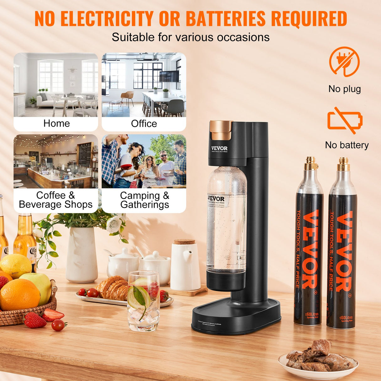 VEVOR Sparkling Water Maker, Soda Maker Machine for Home Carbonating, Seltzer Water Starter Kit with BPA-free 1L PET Bottle, 2 CO2 Cylinders,