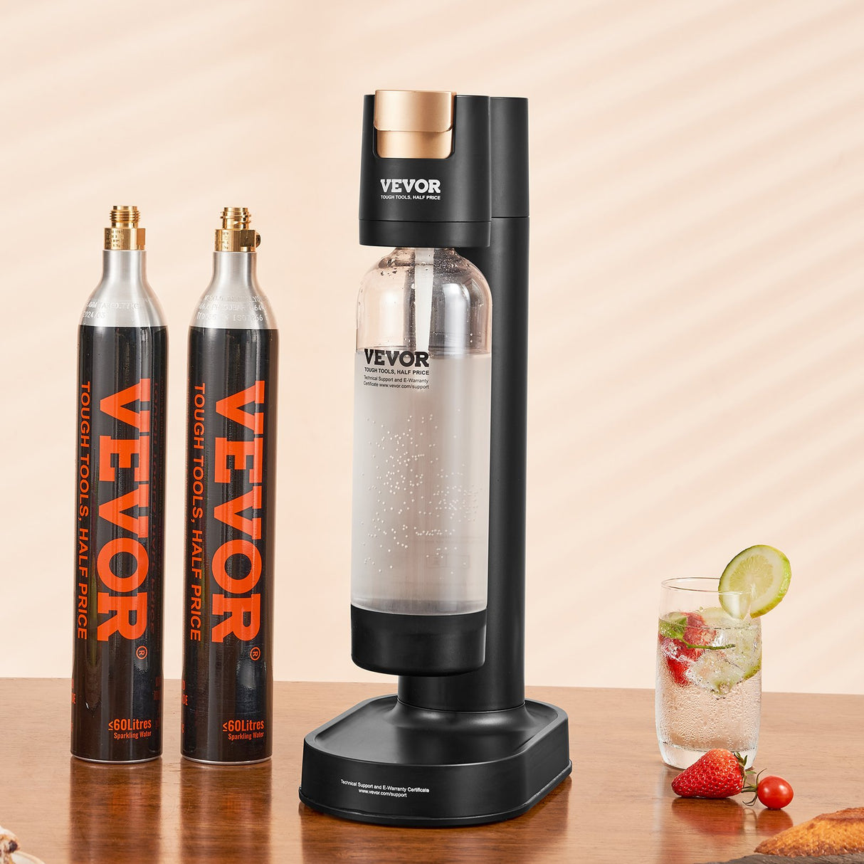 VEVOR Sparkling Water Maker, Soda Maker Machine for Home Carbonating, Seltzer Water Starter Kit with BPA-free 1L PET Bottle, 2 CO2 Cylinders,