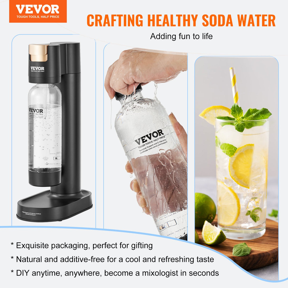 VEVOR Sparkling Water Maker, Soda Maker Machine for Home Carbonating, Seltzer Water Starter Kit with BPA-free 1L PET Bottle, CO2 Cylinder, Compatible