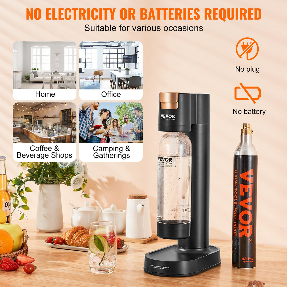 VEVOR Sparkling Water Maker, Soda Maker Machine for Home Carbonating, Seltzer Water Starter Kit with BPA-free 1L PET Bottle, CO2 Cylinder, Compatible