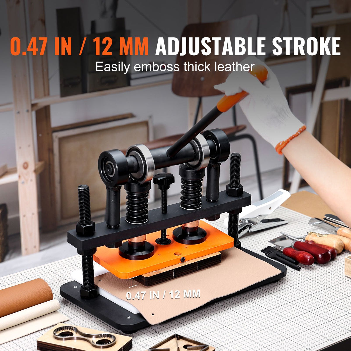 VEVOR Leather Cutting Machine, 10.2 x 4.7 in Embossing Plate Manual Die Cutter, 0.47 in Pressure Stroke Leather Embossing Machine, Dual Guide Shafts