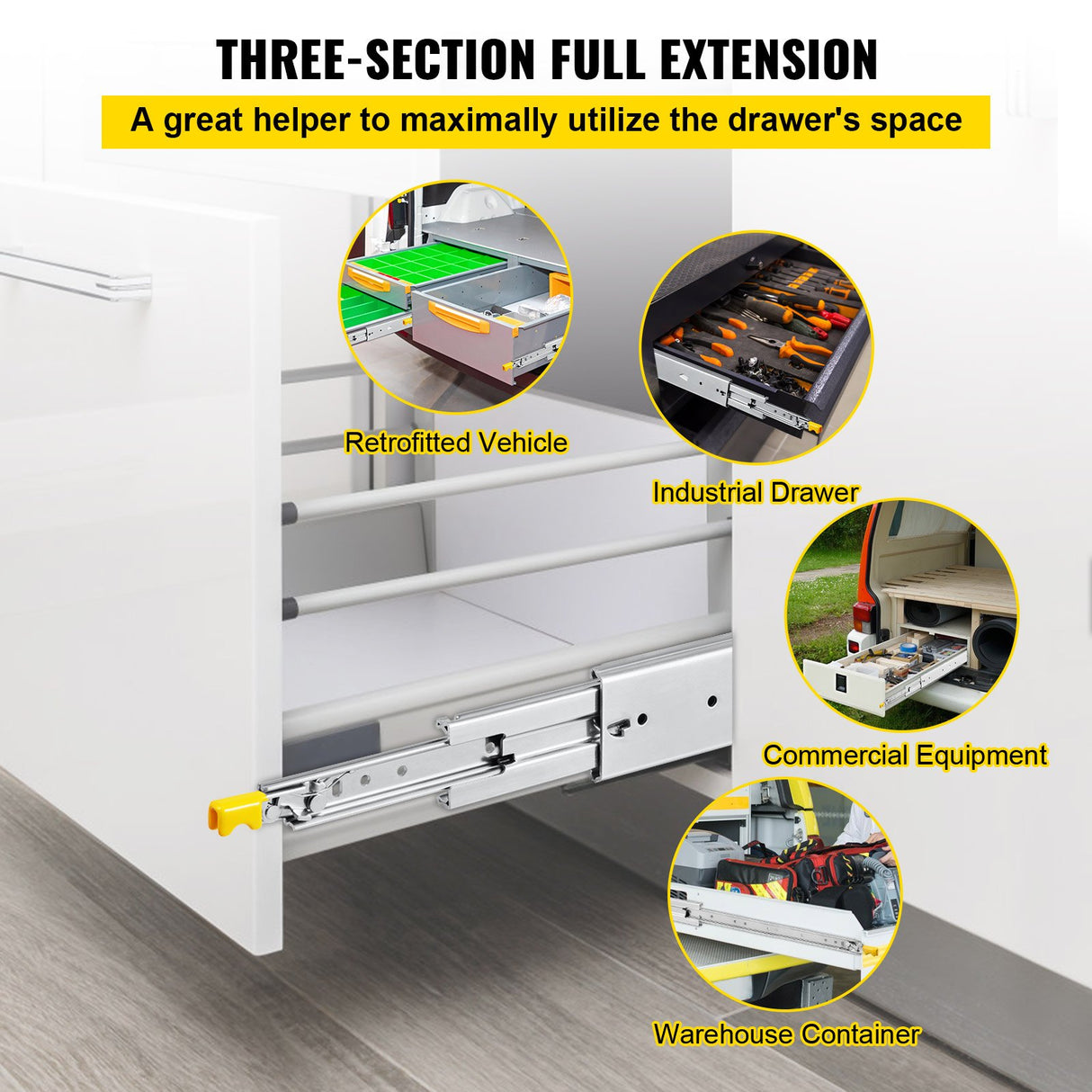 VEVOR Drawer Slides with Lock, 1 Pair 60 inch, Heavy-Duty Industrial Steel up to 500 lbs Capacity, 3-Fold Full Extension, Ball Bearing Lock-in & Lock-