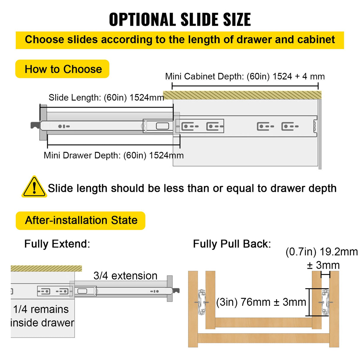 VEVOR Drawer Slides with Lock, 1 Pair 60 inch, Heavy-Duty Industrial Steel up to 500 lbs Capacity, 3-Fold Full Extension, Ball Bearing Lock-in & Lock-