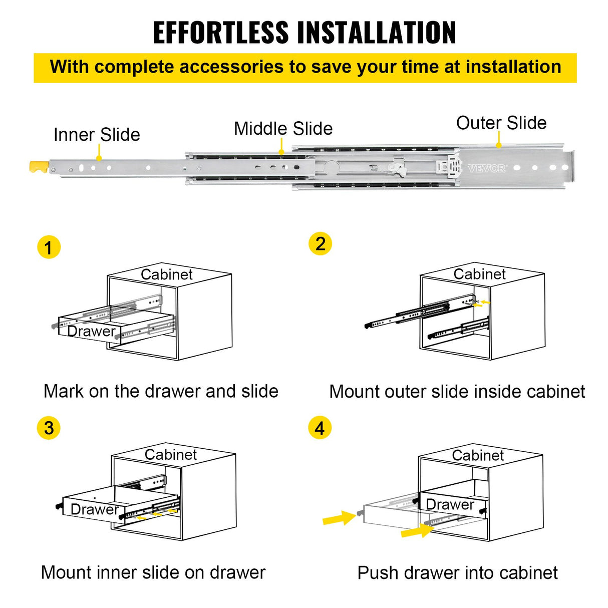VEVOR Drawer Slides with Lock, 1 Pair 60 inch, Heavy-Duty Industrial Steel up to 500 lbs Capacity, 3-Fold Full Extension, Ball Bearing Lock-in & Lock-