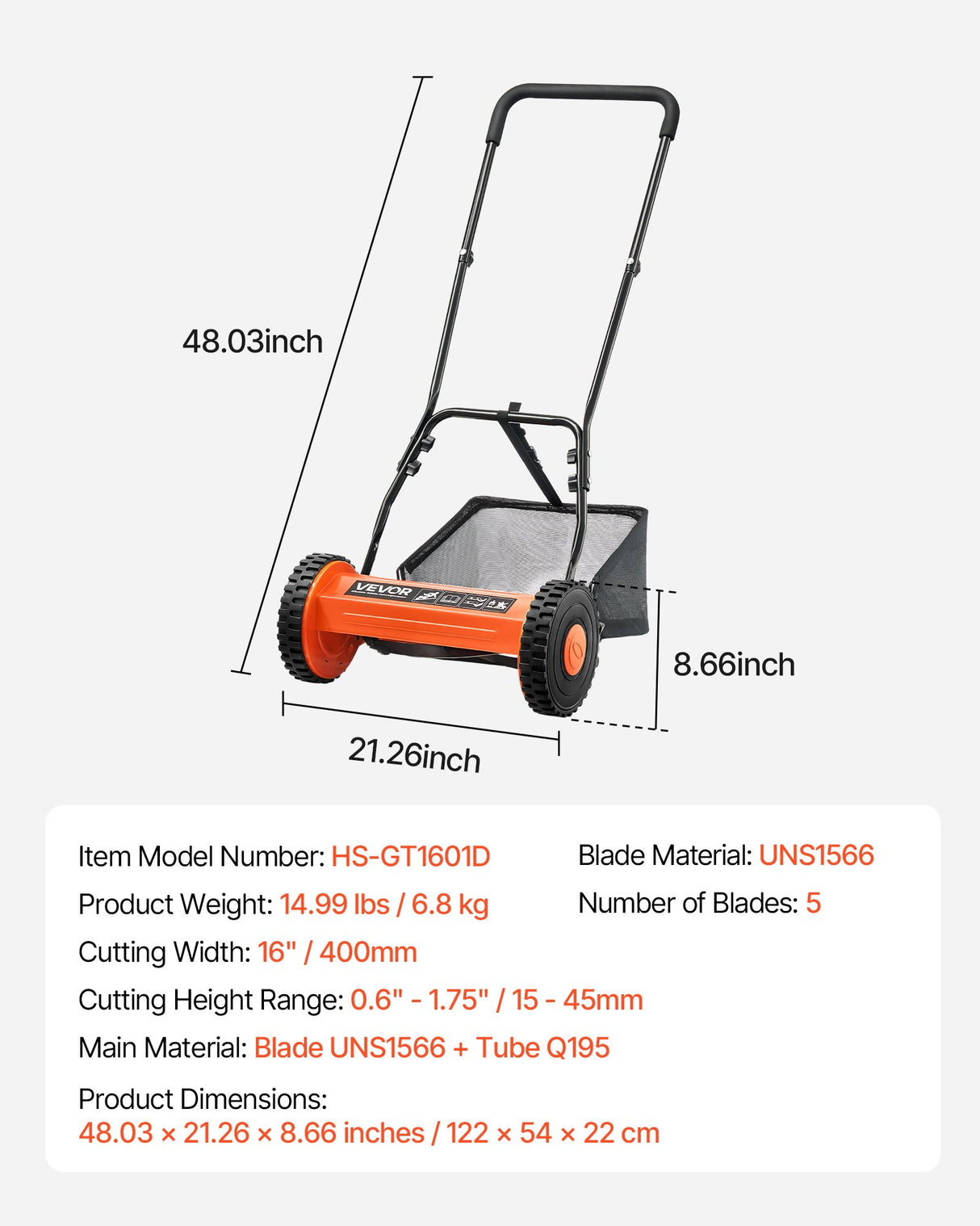 VEVOR 40cm Push Reel Lawn Mower 5-Blade Adjustable Height Grass Catcher 2-Wheel