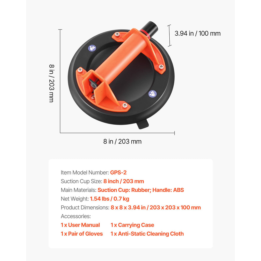 Vacuum Suction Cup, 203 mm Vacuum Glass Lifter with ABS Handle, 180 kg Max Lifting Capacity Tile Suction Cup Tool with Carrying Case for Lifting Large Tile, Granite, Drywall, Windows (1-Pack)