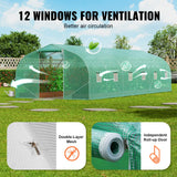 Walk-in Tunnel Greenhouse, 29.5x9.8x6.6 ft Hoop House Greenhouse Tunnel, Peaked Roof Plant Hot House with Galvanized Steel Frame, Green PE Cover, Roll-up Zipper Door and 12 Windows for Outdoor - Rear View