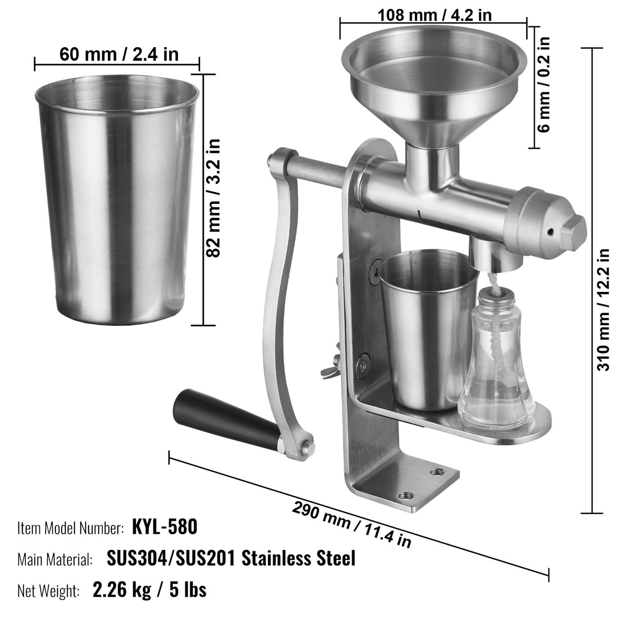 VEVOR Manual Oil Press Machine, Stainless Steel Oil Extractor Machine, Detachable Oil Presser for Effortless Cleaning, Household Oil Expeller for