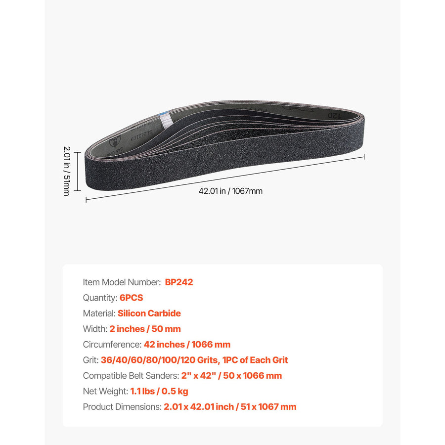 Sanding Belts, 50mm x 1066mm Belt Sander Sanding Belts, 6 PCS (Each of 36 40 60 80 100 120 Assorted Grits) Silicon Carbide for Knife Sharpening, Metalworking, Composites, Plastic Finishing