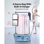 Dance Bag with Garment Rack, 736.6 mm Rolling Dance Duffel, with Wheels, USB Port, Height Adjustable Clothes Rack, Privacy Protection Curtain, Ideal for Travel and Competitions, Sparkling Blue