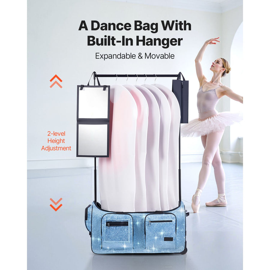 Dance Bag with Garment Rack, 736.6 mm Rolling Dance Duffel, with Wheels, USB Port, Height Adjustable Clothes Rack, Privacy Protection Curtain, Ideal for Travel and Competitions, Sparkling Blue