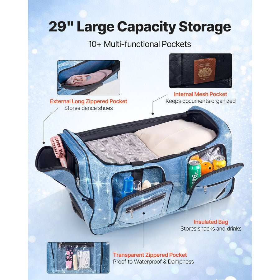 Dance Bag with Garment Rack, 736.6 mm Rolling Dance Duffel, with Wheels, USB Port, Height Adjustable Clothes Rack, Privacy Protection Curtain, Ideal for Travel and Competitions, Sparkling Blue