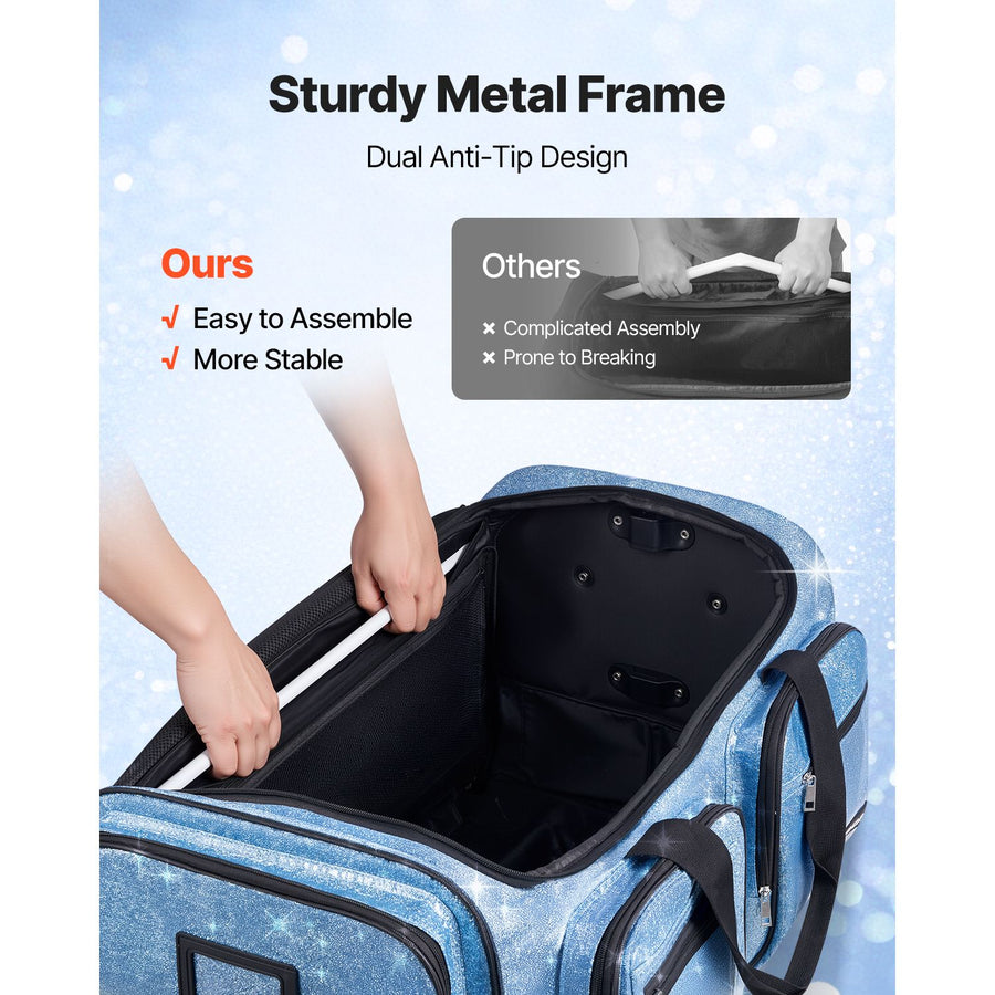 Dance Bag with Garment Rack, 736.6 mm Rolling Dance Duffel, with Wheels, USB Port, Height Adjustable Clothes Rack, Privacy Protection Curtain, Ideal for Travel and Competitions, Sparkling Blue