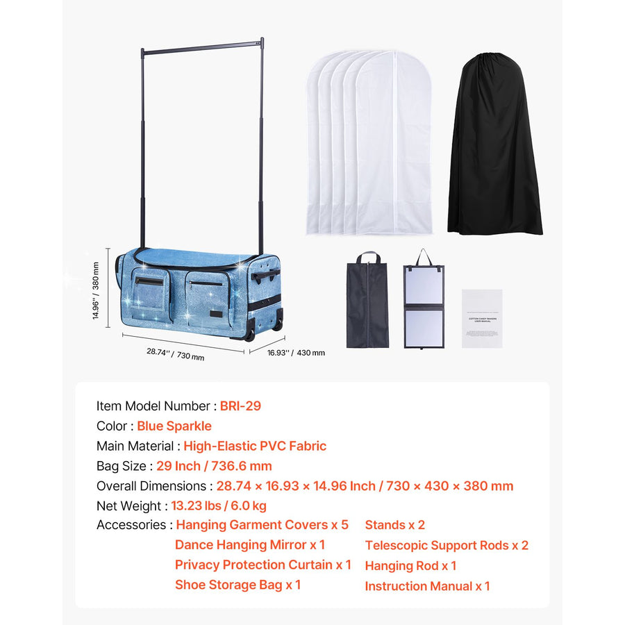 Dance Bag with Garment Rack, 736.6 mm Rolling Dance Duffel, with Wheels, USB Port, Height Adjustable Clothes Rack, Privacy Protection Curtain, Ideal for Travel and Competitions, Sparkling Blue