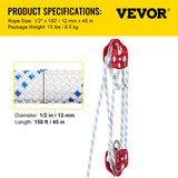 VEVOR Twin Sheave Block and Tackle 1.02-1.27cm 3048-6096cm Twin Sheave Block with Braid Rope 2993.71-3494.93kgs Double Pulley Rigging