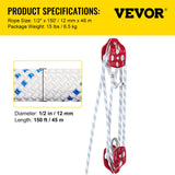 VEVOR Twin Sheave Block and Tackle 1.02-1.27cm 3048-6096cm Twin Sheave Block with Braid Rope 2993.71-3494.93kgs Double Pulley Rigging - Close-Up Angle
