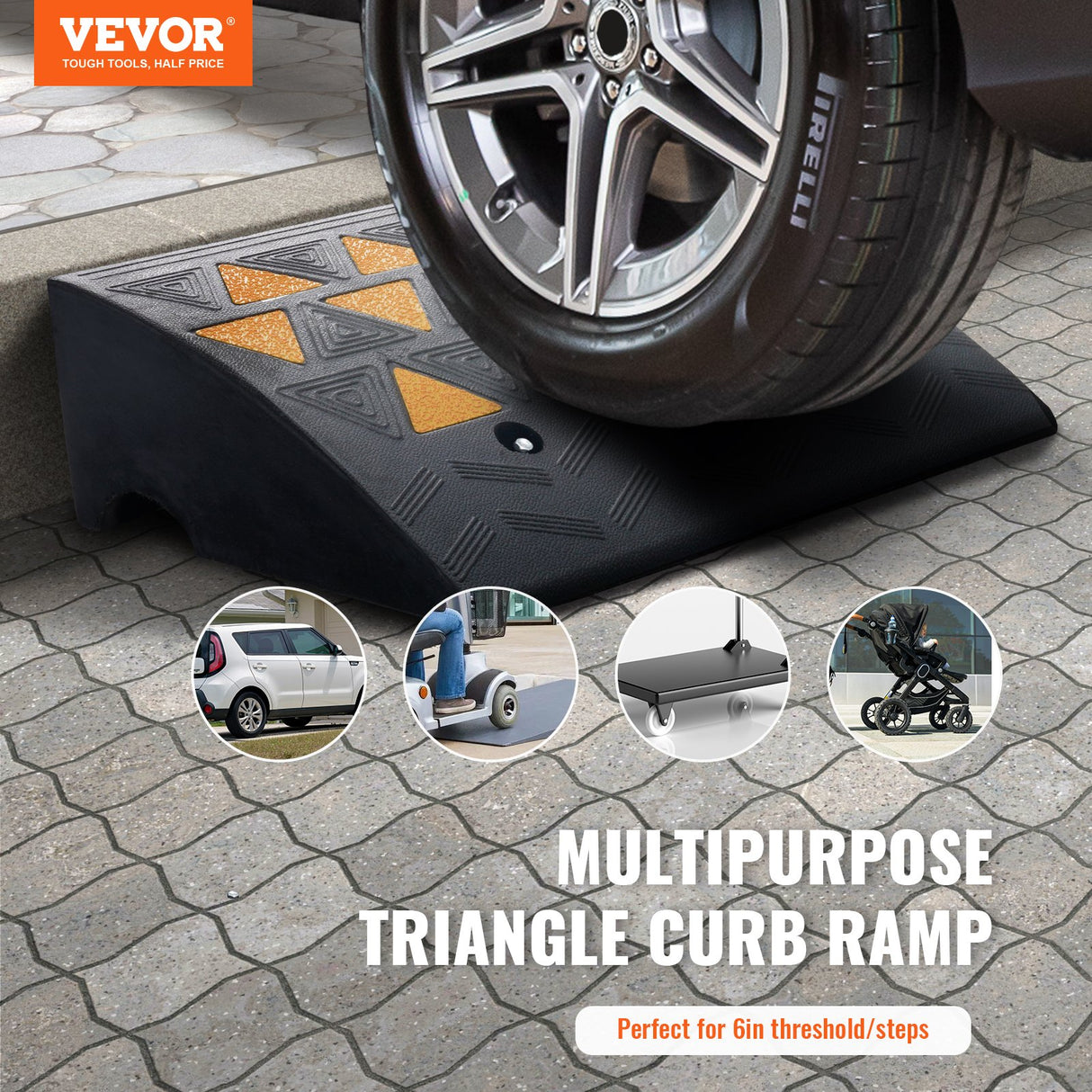 VEVOR Rubber Curb Ramp 15.2 cm Rise Height Sidewalk Curb Ramp, 37 cm Width 49.1 cm Length Driveway Ramp for Curb, 15T Heavy Duty Rubber Ramp for