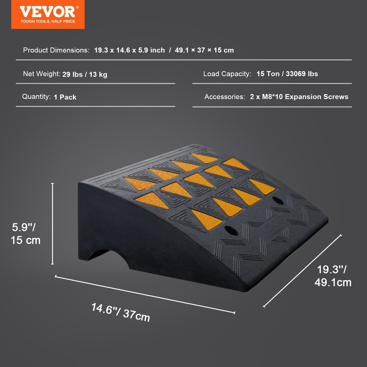 VEVOR Rubber Curb Ramp 15.2 cm Rise Height Sidewalk Curb Ramp, 37 cm Width 49.1 cm Length Driveway Ramp for Curb, 15T Heavy Duty Rubber Ramp for