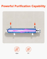 VEVOR UV Water Purifier, 12W 1GPM, 220V Versatile Ultraviolet Water Purifier Filter with Stainless Steel Housing, Whole House UV Water Filter with Quartz Sleeve Fit for Shower/Drinking/Cleaning - Front View