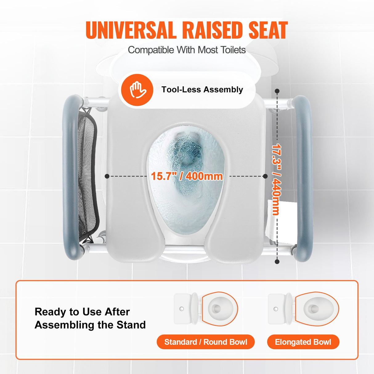 VEVOR Raised Toilet Seat, 7-Position Height Adjustment 655-805 Mm, 158.7 kg Weight Capacity, with Comfort Padded Aluminum Frame, Universal Toilet Seat Riser, for Elderly, Handicap, Pregnant, Medical