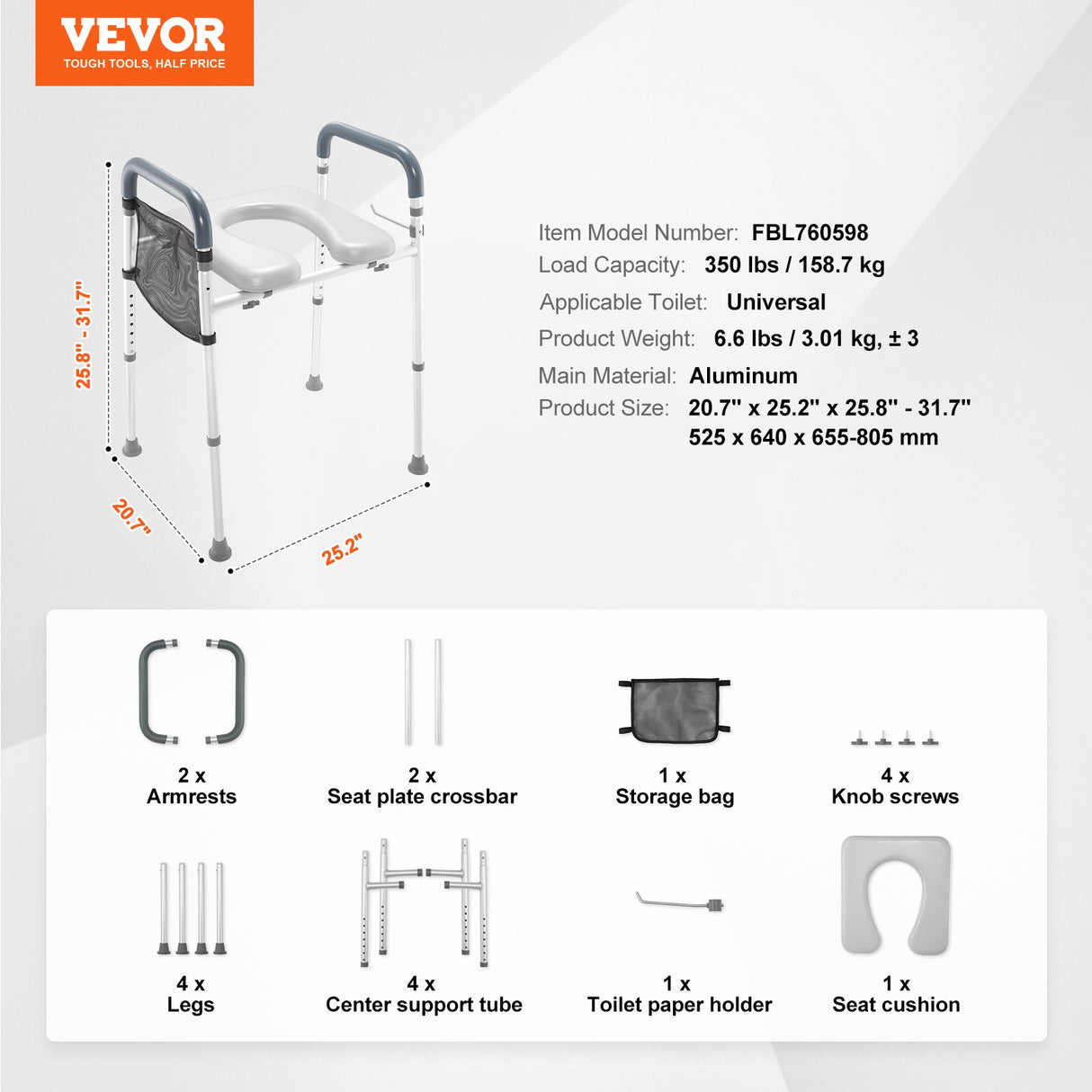 VEVOR Raised Toilet Seat, 7-Position Height Adjustment 655-805 Mm, 158.7 kg Weight Capacity, with Comfort Padded Aluminum Frame, Universal Toilet Seat Riser, for Elderly, Handicap, Pregnant, Medical