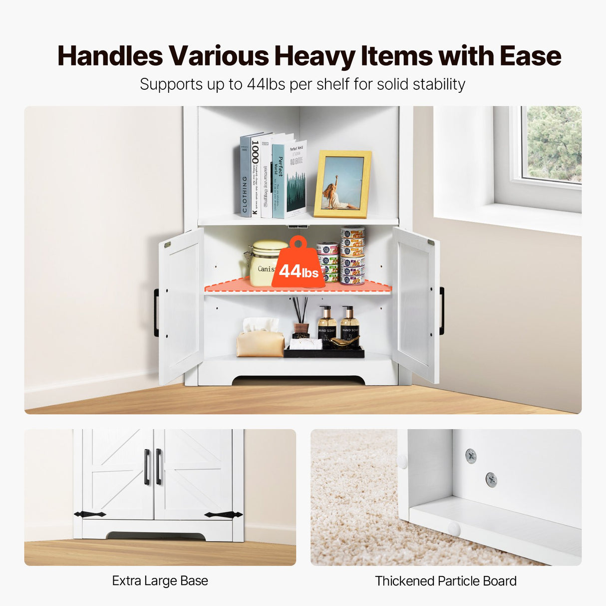 VEVOR 68" Corner Storage Cabinet with 4 Wooden Doors & Adjustable Shelves White