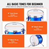 VEVOR Kids Drum Set, 3-Piece, 355.6 mm Beginner Drum Set with Adjustable Throne Cymbal Pedal Two Pairs of Drumsticks, Tom Drum Snare Drum Bass Drum, Starter Drum Kit for Child Kids, Blue - Side View