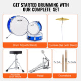 VEVOR Kids Drum Set, 3-Piece, 355.6 mm Beginner Drum Set with Adjustable Throne Cymbal Pedal Two Pairs of Drumsticks, Tom Drum Snare Drum Bass Drum, Starter Drum Kit for Child Kids, Blue - Rear View