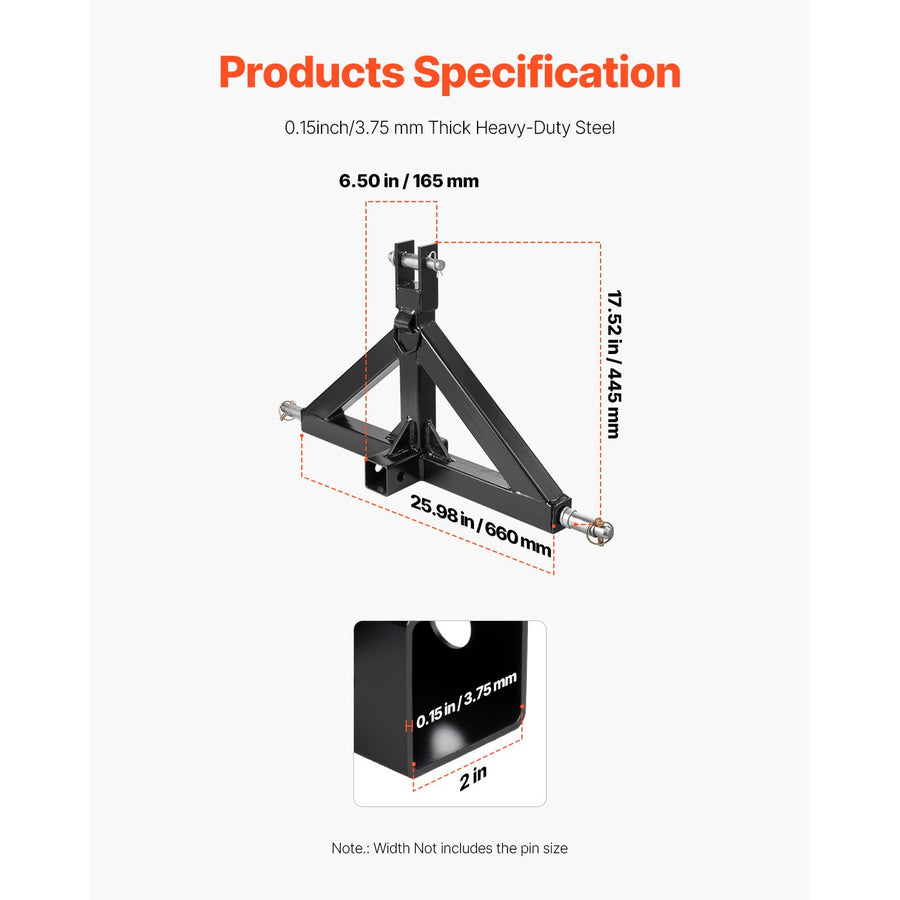 3 Point Hitch Receiver with 2 in Receiver, 3pt Quick Hitch Attachment, 3,000 lbs Capacity, Heavy Duty Tractor, image 3