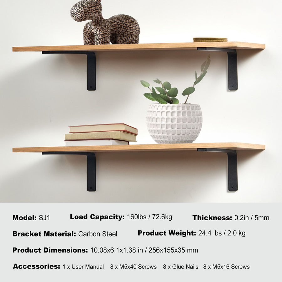 Shelf Bracket, Heavy Duty Floating Shelf Brackets 25.6 x 15.5 cm, 4 Pcs Brackets for Shelves, 5mm Thick Matte Black L Shelf Bracket,Steel Shelving Brackets with 72.6 kg Load Capacity