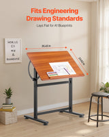 VEVOR Drafting Table Adjustable 0°–90° Tilt Wooden Drawing Desk with H-Frame - Side View