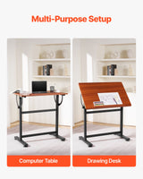 VEVOR Drafting Table Adjustable 0°–90° Tilt Wooden Drawing Desk with H-Frame - Rear View