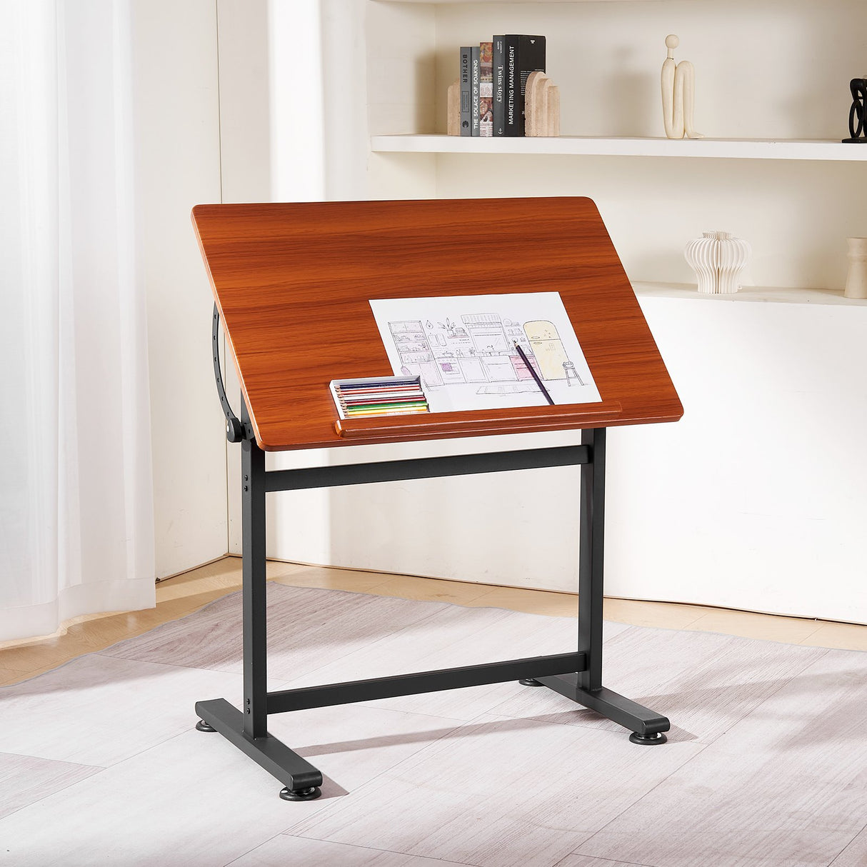 VEVOR Drafting Table Adjustable 0°–90° Tilt Wooden Drawing Desk with H-Frame