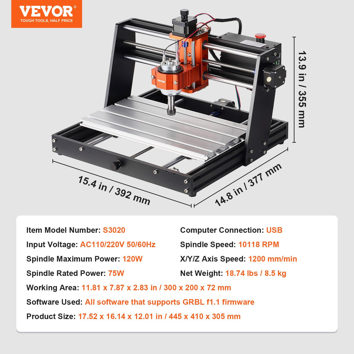 VEVOR CNC Router Machine, 120W, 3 Axis GRBL Control Wood Engraving Carving Milling Machine Kit, 11.81 x 7.87 x 2.83 in / 300 x 200 x 72 mm Working Area 1200 RPM for Wood Acrylic MDF PVC Plastic Foam