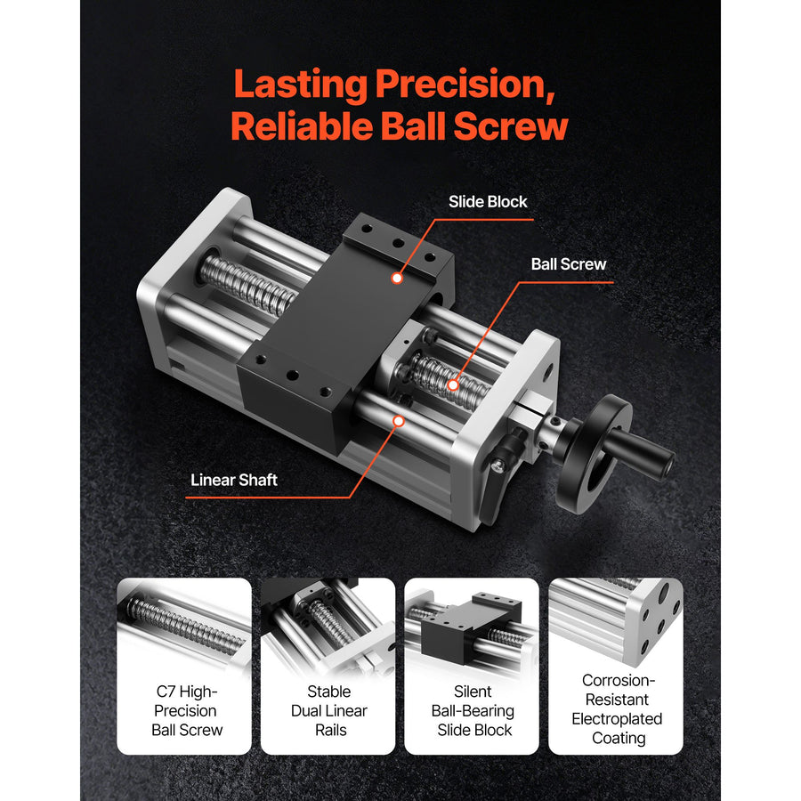 Linear Stage Actuator, 100 mm Effective Stroke, Ball Screw CNC Linear Motion Guide Rail, Double Optical Axis, C7 High-Precision, Bearing Slide Block, Manual Handwheel, for CNC Router X Y Z Axis
