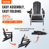 VEVOR Adirondack Chair Plastic, Set of 2 All-Weather Portable Folding Fire Pit Chair, Outdoor Adirondack Patio Chair with Cup Holder, with Relaxing Arm Rest Ergonomic, for Garden, Backyard - Black - Front View