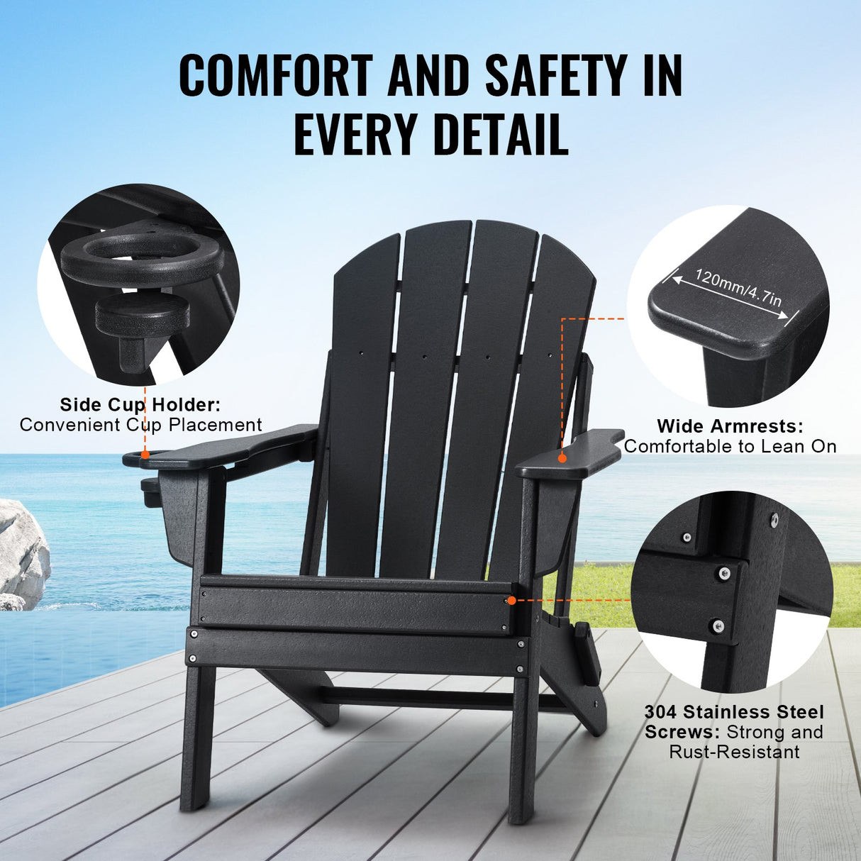 Adirondack Chair Plastic, Set of 2 All-Weather Portable Folding Fire Pit Chair, Outdoor Adirondack Patio Chair with Cup Holder, with Relaxing Arm Rest Ergonomic, for Garden, Backyard - Black