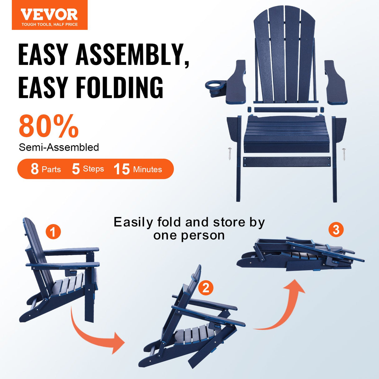 VEVOR Adirondack Chair Plastic, Set of 2 All-Weather Portable Folding Fire Pit Chair, Outdoor Adirondack Patio Chair with Cup Holder, with Relaxing Arm Rest Ergonomic, for Garden, Backyard Navy Blue