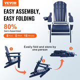 VEVOR Adirondack Chair Plastic, Set of 2 All-Weather Portable Folding Fire Pit Chair, Outdoor Adirondack Patio Chair with Cup Holder, with Relaxing Arm Rest Ergonomic, for Garden, Backyard Navy Blue - Front View