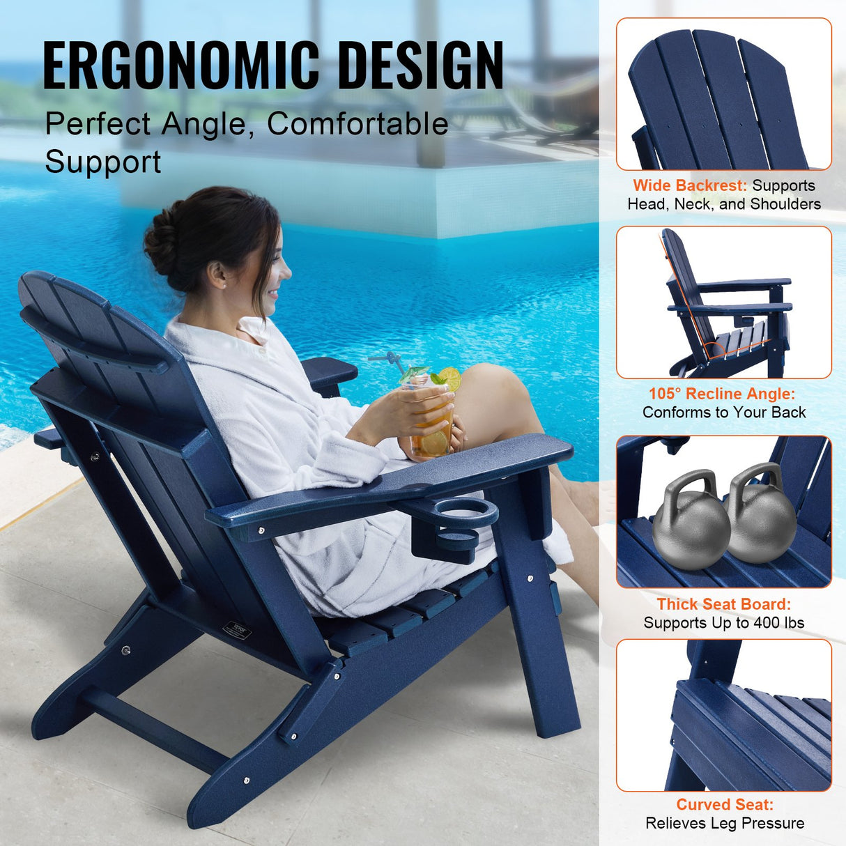 Adirondack Chair Plastic, Set of 2 All-Weather Portable Folding Fire Pit Chair, Outdoor Adirondack Patio Chair with Cup Holder, with Relaxing Arm Rest Ergonomic, for Garden, Backyard Navy Blue