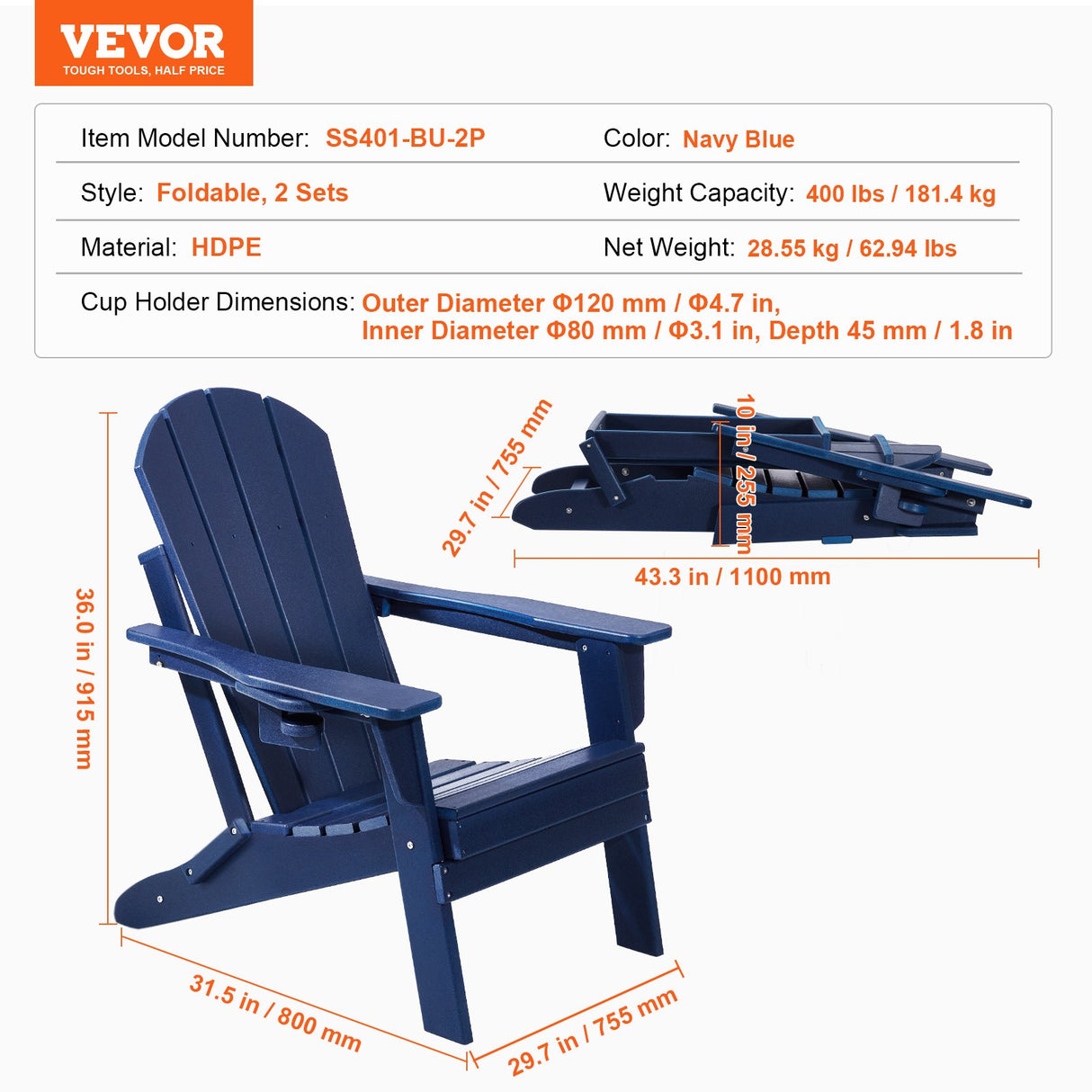 Adirondack Chair Plastic, Set of 2 All-Weather Portable Folding Fire Pit Chair, Outdoor Adirondack Patio Chair with Cup Holder, with Relaxing Arm Rest Ergonomic, for Garden, Backyard Navy Blue