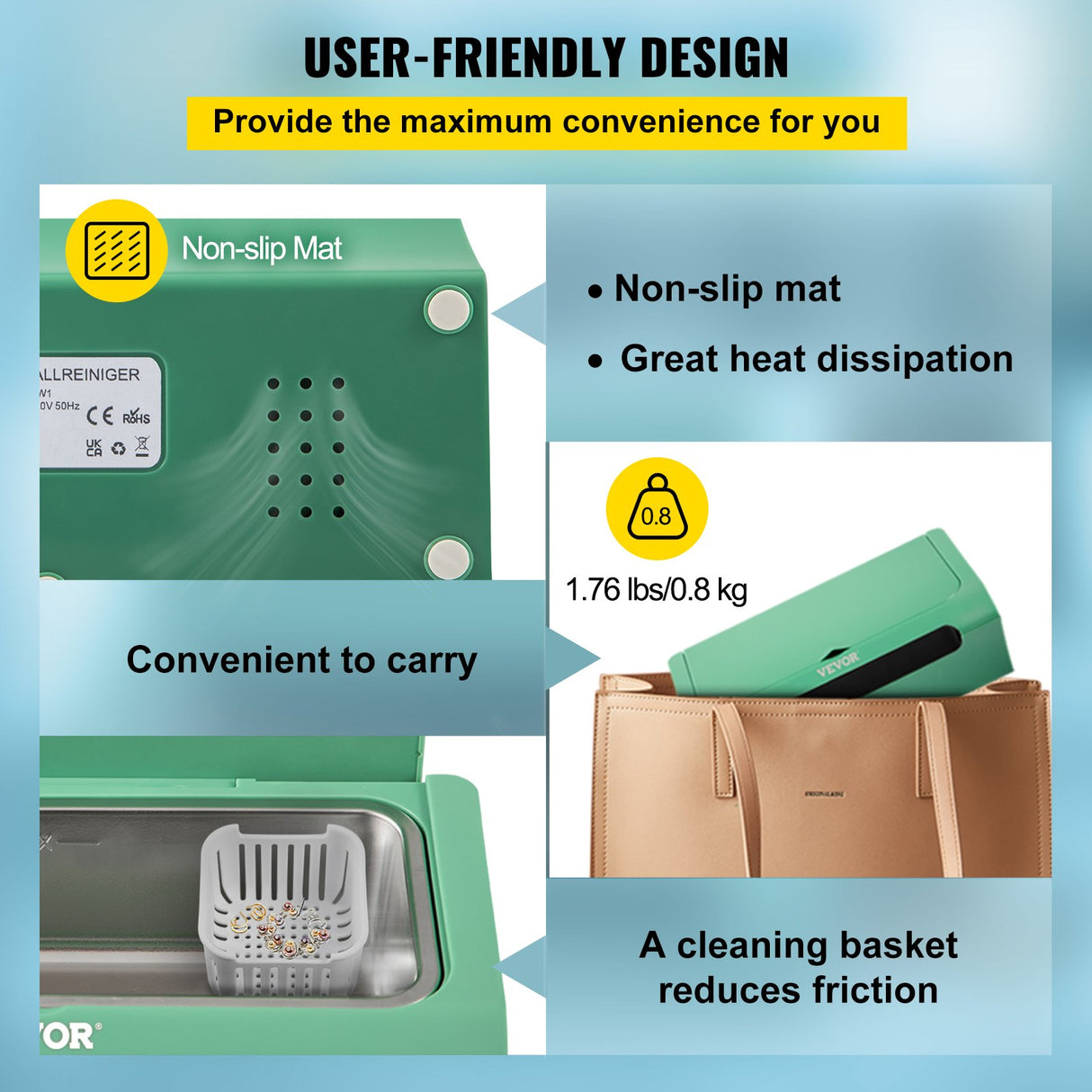 VEVOR Ultrasonic Cleaner Ultrasound Cleaning Machine 500ML Green for Jewelry